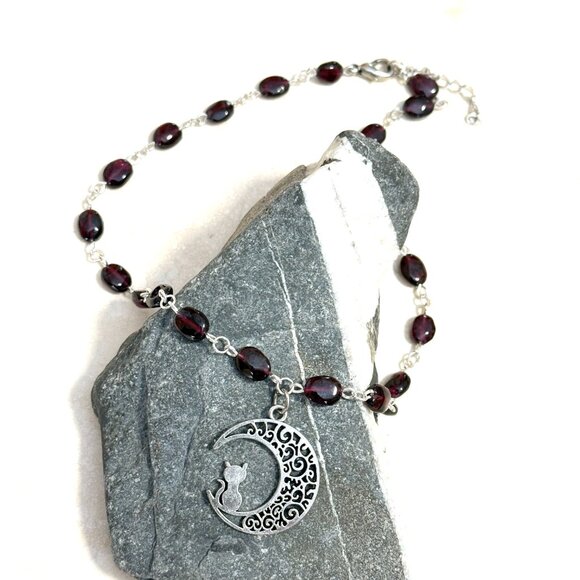 Genuine Garnet Short Necklace, Natural Gemstone w/ Cat on the Moon Pendant - Picture 6 of 15